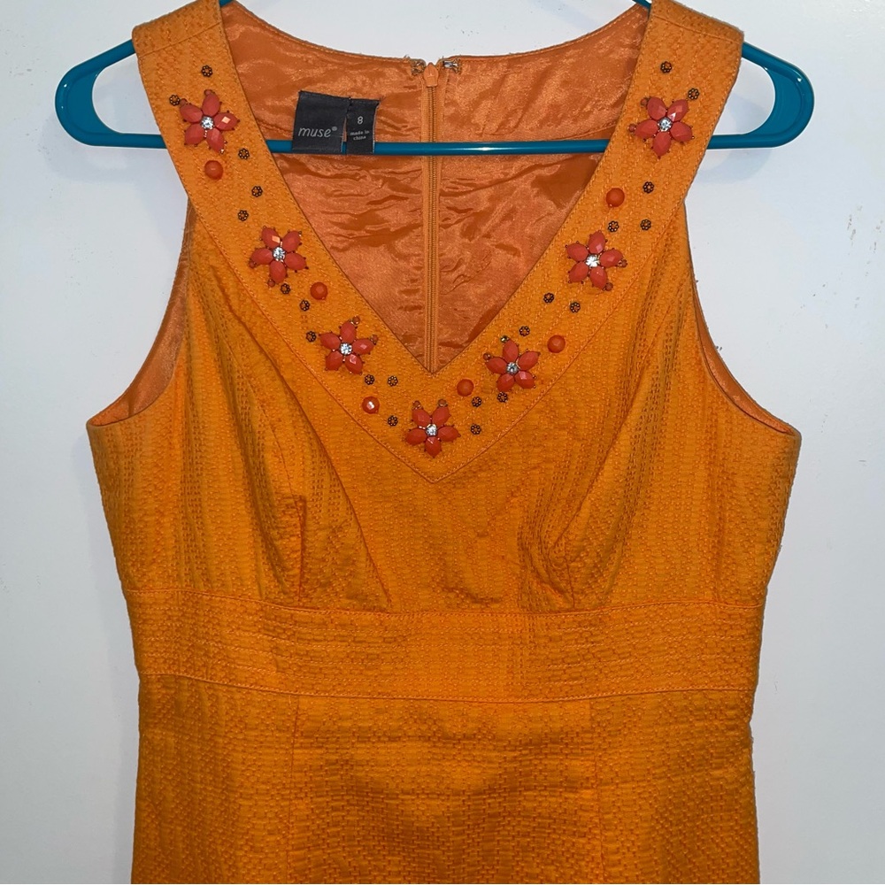 Muse Orange Midi Dress with Embellished Neckline Size 8